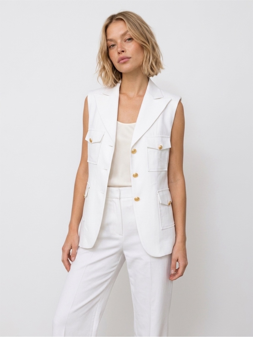 Tailored White Sleeveless Blazer Vest with Gold Buttons